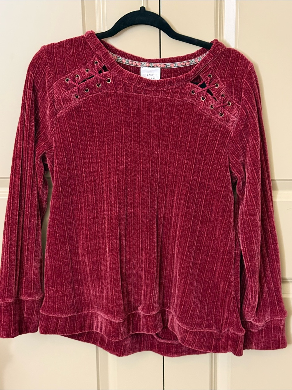 Knox Rose Lace-Up Ribbed Velvet Top in Wine Red